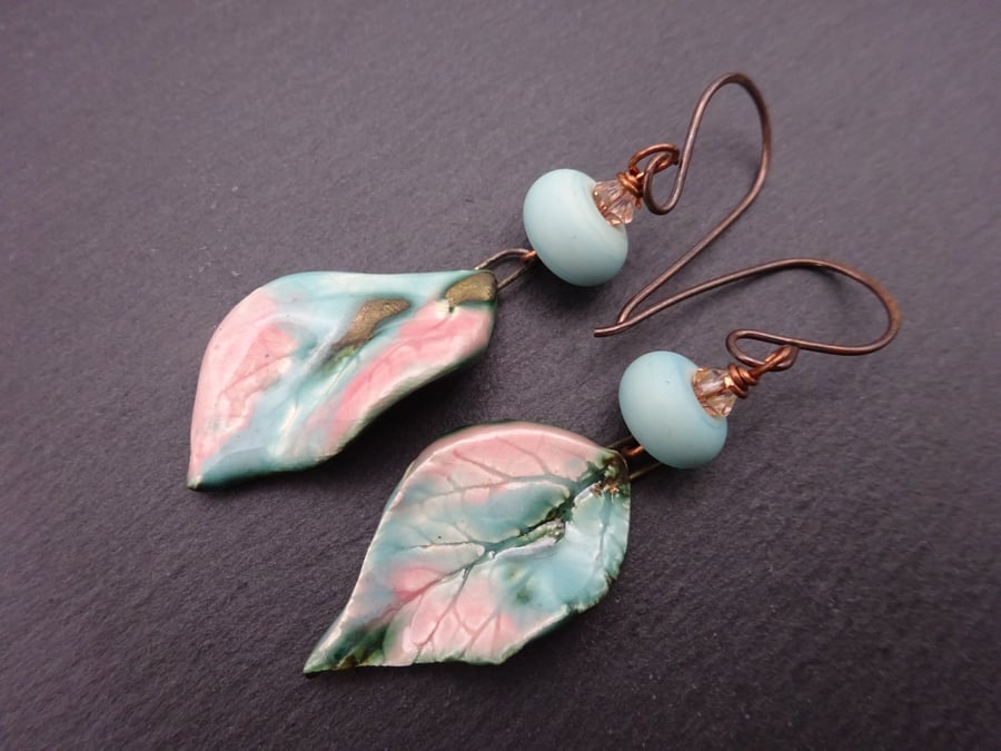 pink and turquoise ceramic leaf earrings