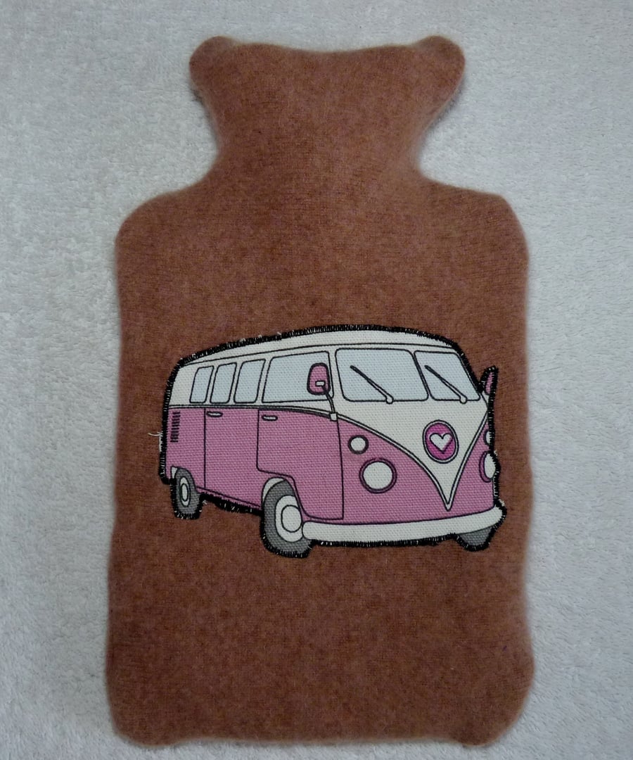  Cashmere Hot Water Bottle Cover with Machine Applique VW Camper.