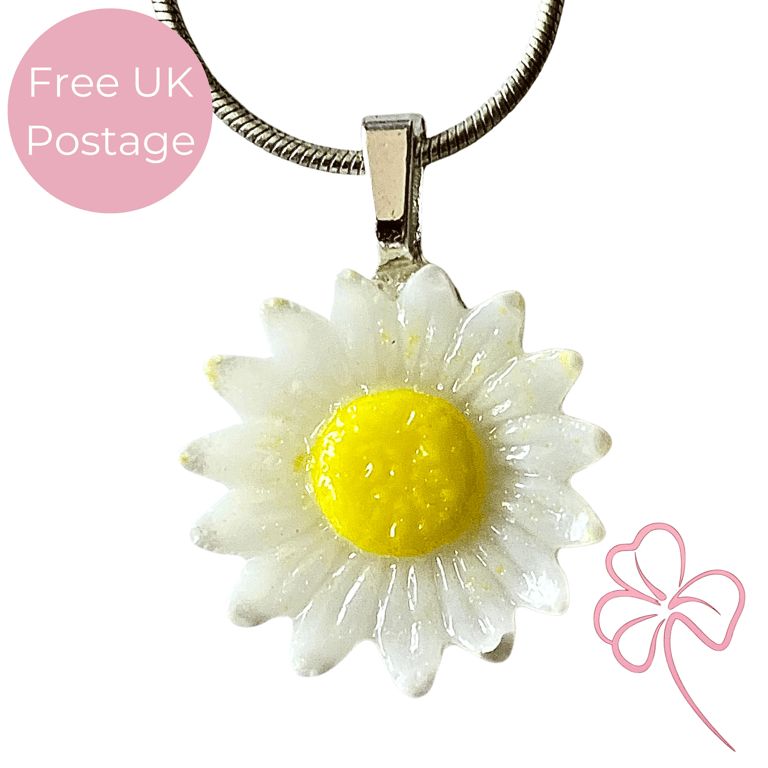 Daisy Flower Fused Glass Pendant Necklace 