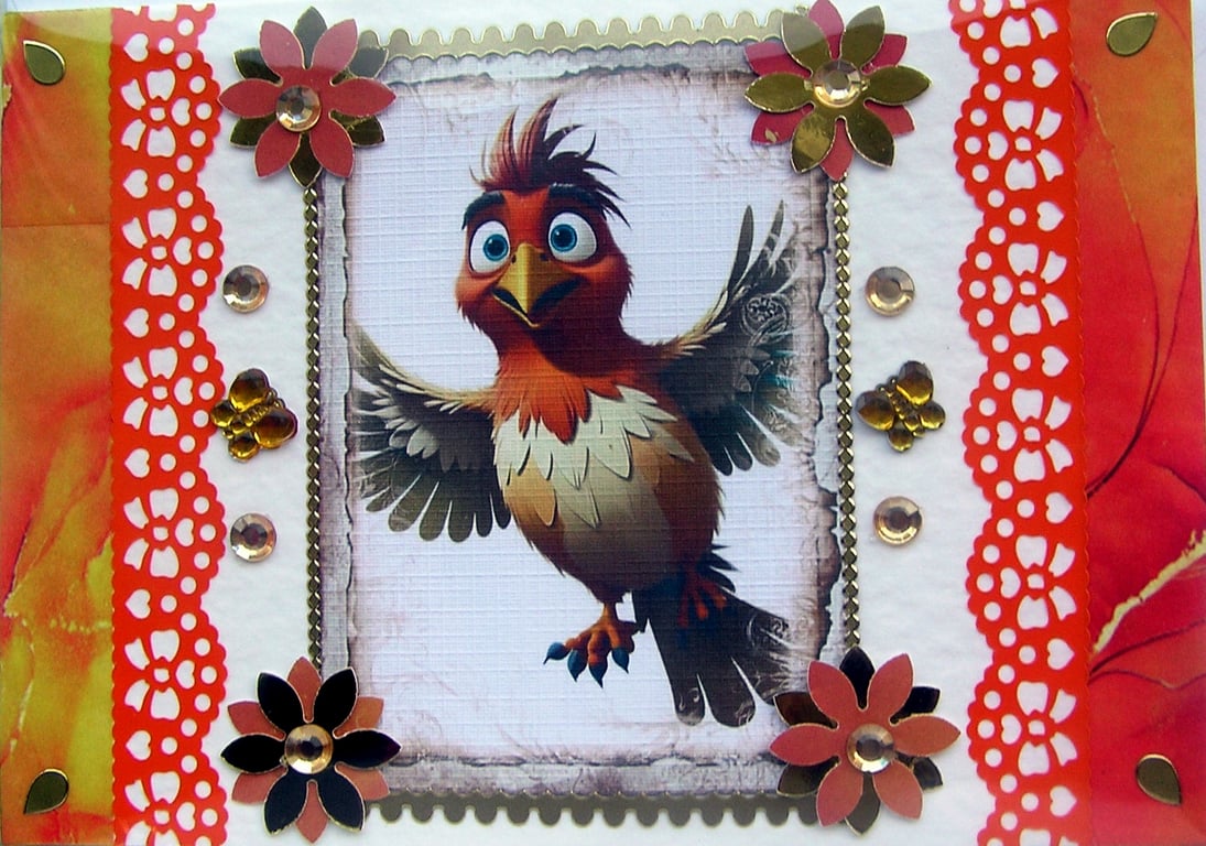Funky Flying Chicken - Hand Crafted Decoupage Greeting Card - Blank - 2777