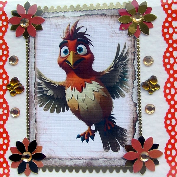 Funky Flying Chicken - Hand Crafted Decoupage Greeting Card - Blank - 2777