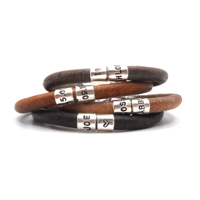 Personalised Leather Bracelet with Two Hand Stamped Sterling Silver Rings