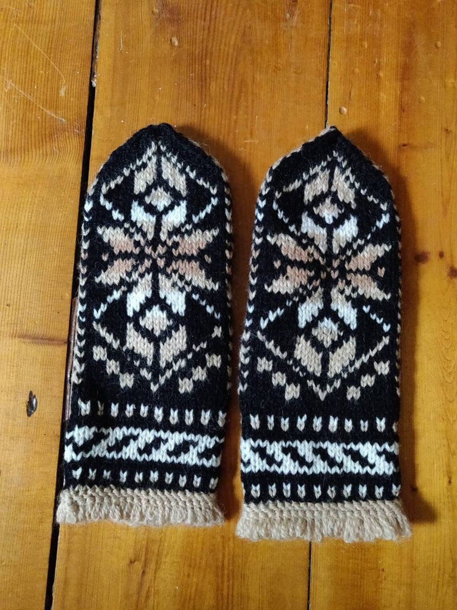 Hand knit soft wool mittens black brown white traditional fairisle nordic