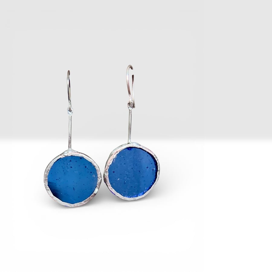 Silver Stained Glass Blue Earrings,  Gift Boxed