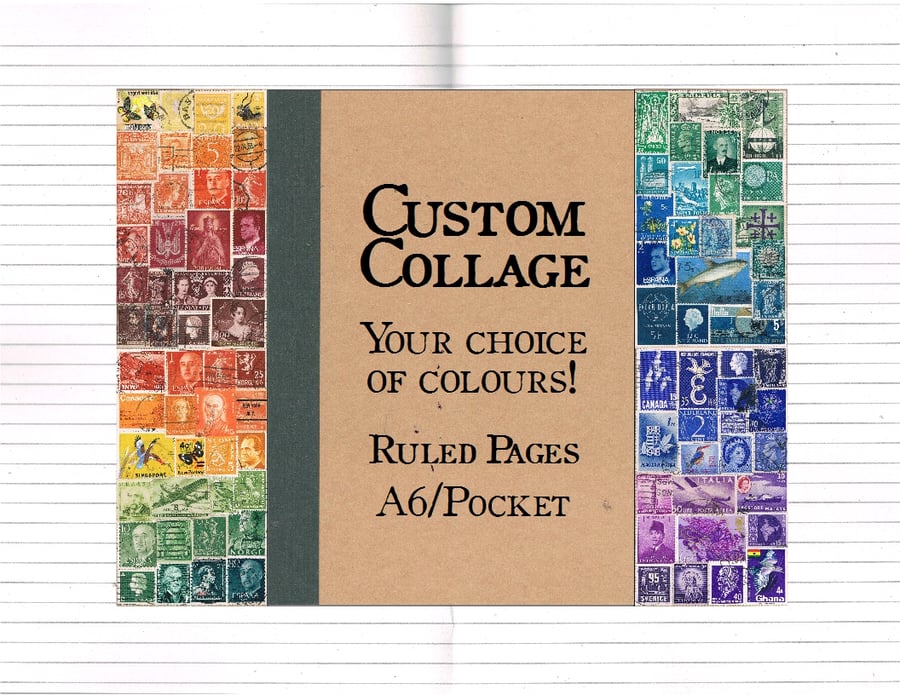LINED A6 NOTEBOOK, Custom Colours - upcycled vintage world postage stamp collage