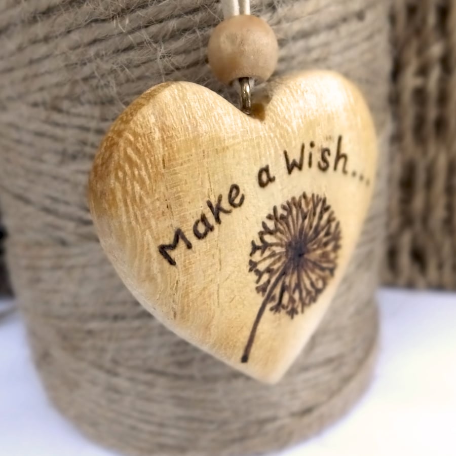 Pyrography 'Make a wish' rustic chunky wood hanging heart keepsake