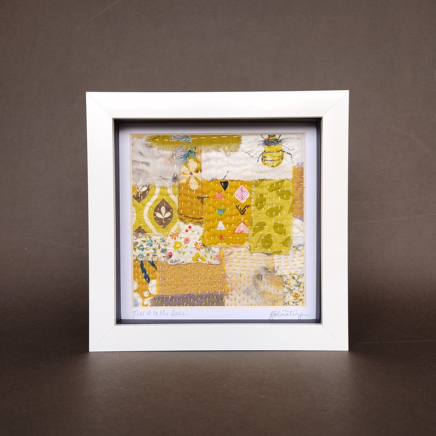 "Tell it to the Bees" - Square frame textile art. Hand embroidered.