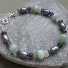 Sterling Silver Multi Gemstone and Pearl Bracelet