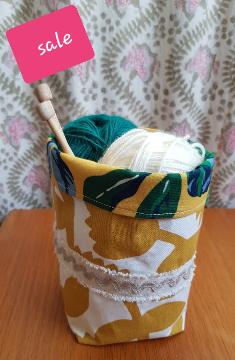 Fabric storage basket: ochre contemporary print with yellow floral lining