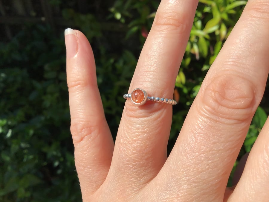 Natural Sunstone Sterling and Fine silver ball band ring