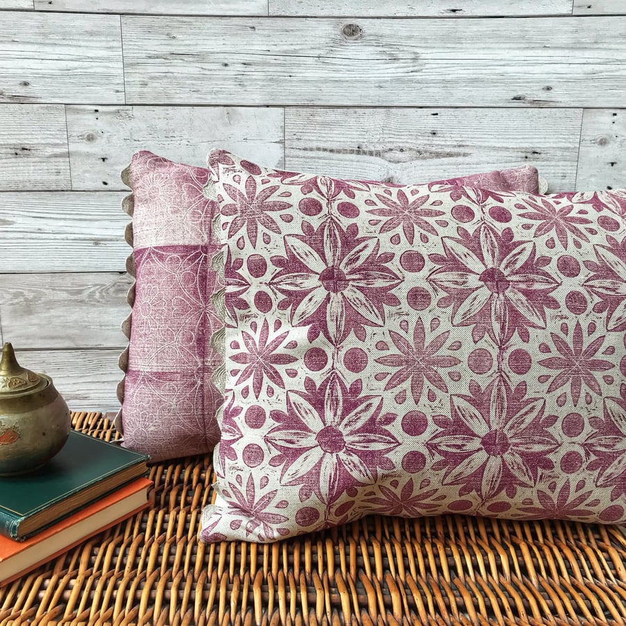 Hand Printed Linen Cushion - RUNA - Raspberry Red