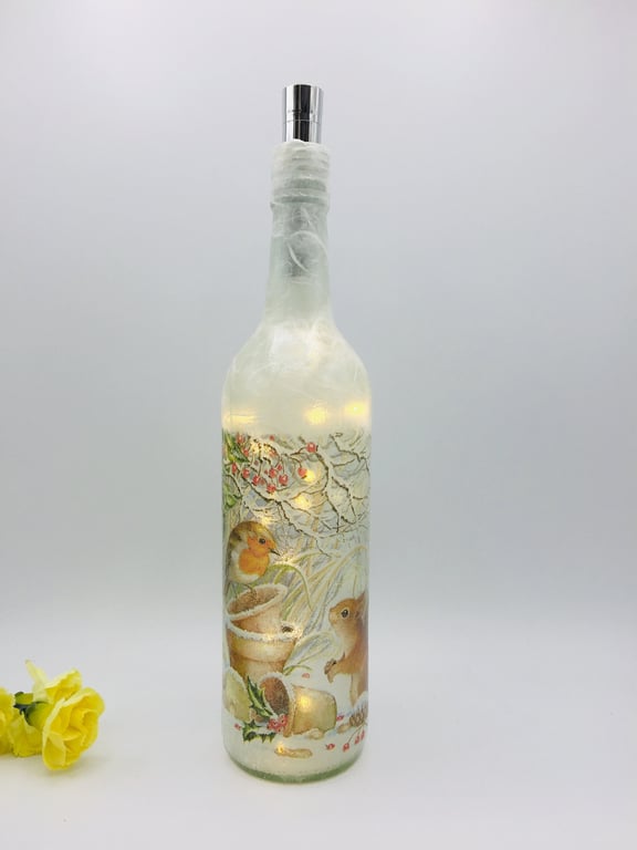 Decoupage bottle light, Robin and Squirrel, winter scene
