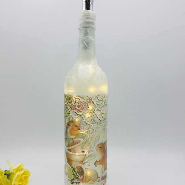 Decoupage bottle light, Robin and Squirrel, winter scene