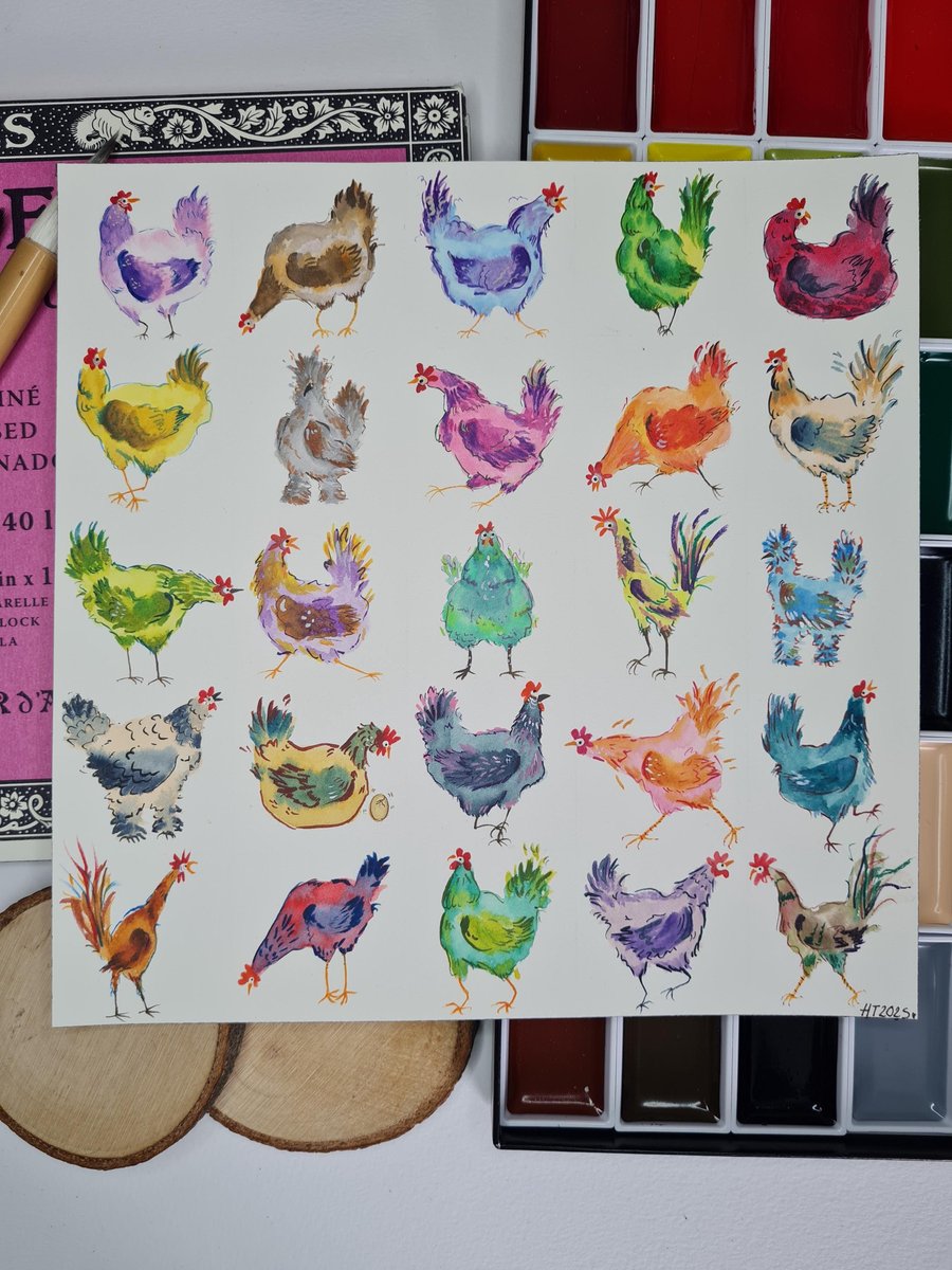 Whimsical Chicken Art, Hand-Painted Watercolour 