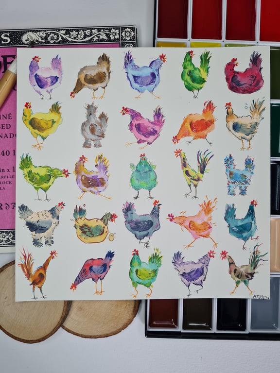 Whimsical Chicken Art, Hand-Painted Watercolour 