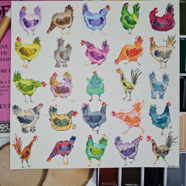 Whimsical Chicken Art, Hand-Painted Watercolour 