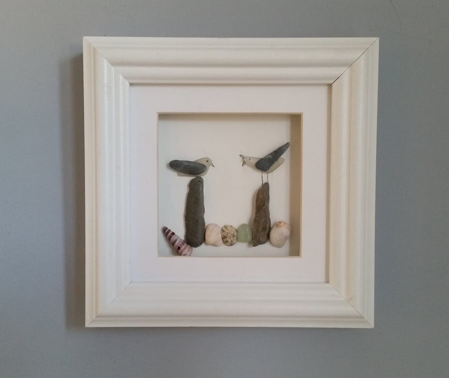 Seagulls on Posts, Sea Glass Art, Pebble Art, Pebble Picture, Cornish Pebble Art