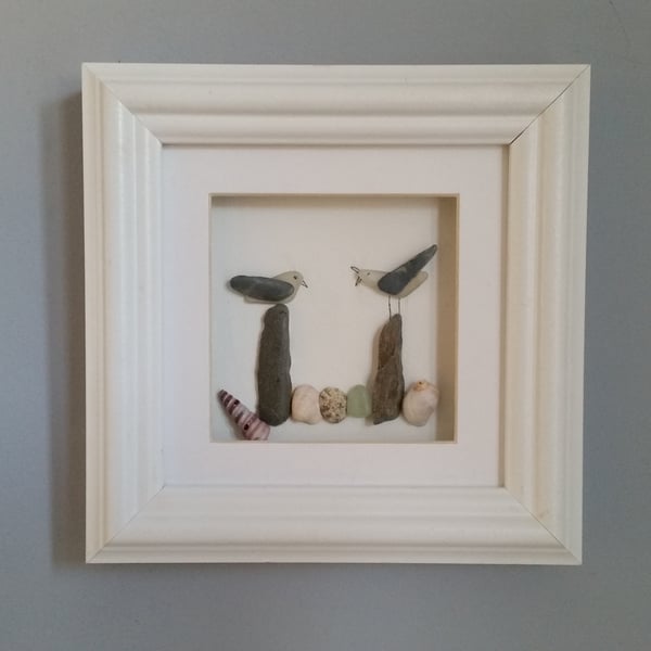 Seagulls on Posts, Sea Glass Art, Pebble Art, Pebble Picture, Cornish Pebble Art