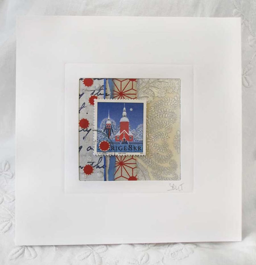 CHRISTMAS WINTER CARD MIXED MEDIA COLLAGE AND POSTAGE STAMP