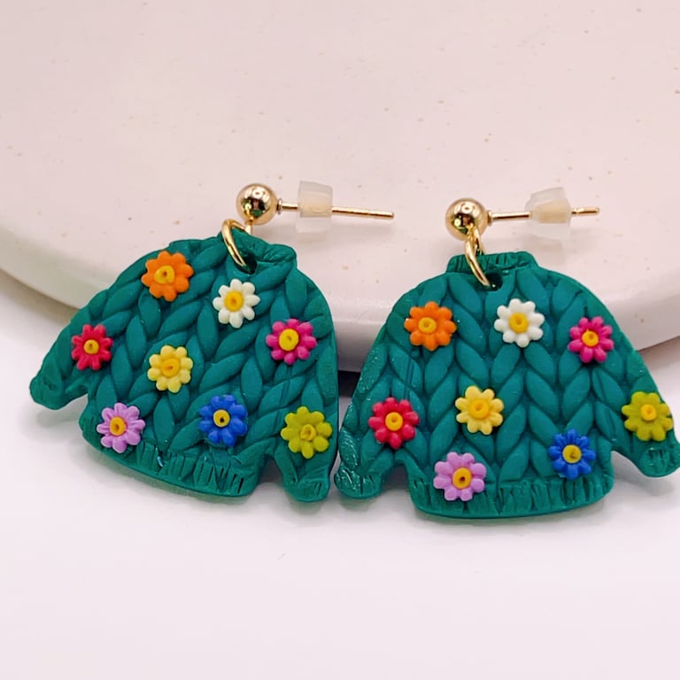 Floral sweater clay earrings, Colourful dangle jewellery for gift