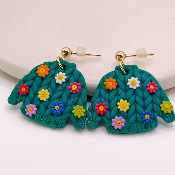 Floral sweater clay earrings, Colourful dangle jewellery for gift