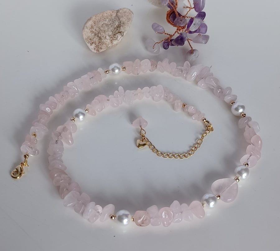 Rose Quartz & Pearl Choker, Dainty Natural Gemstone Necklace