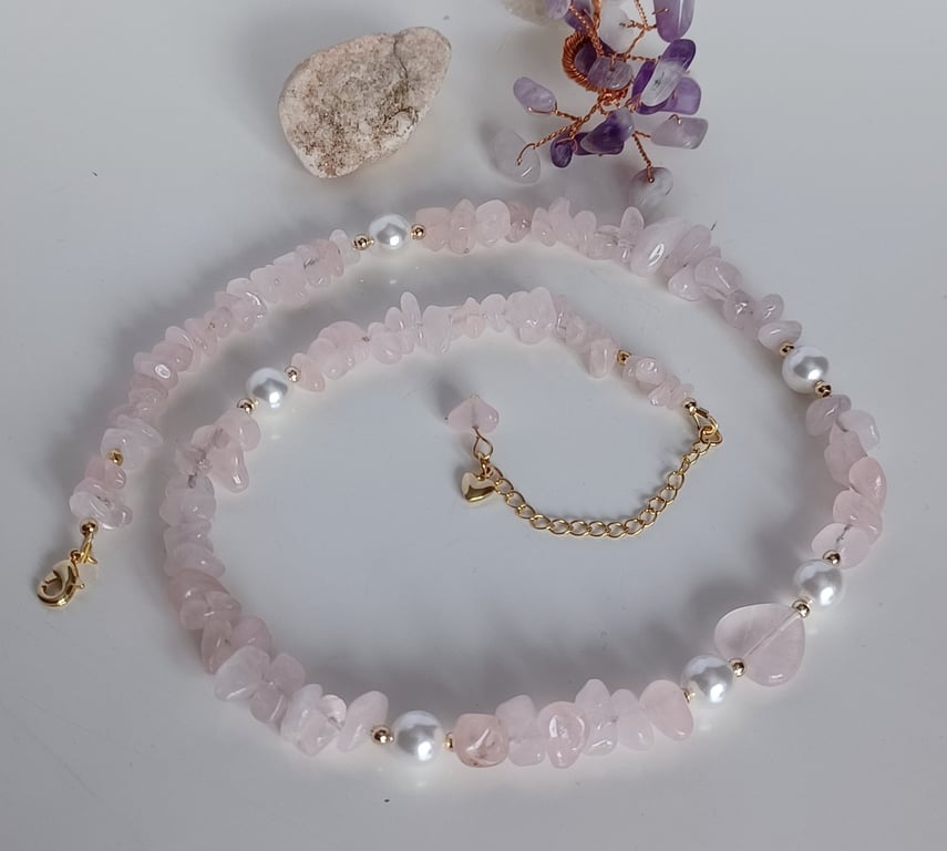 Rose Quartz & Pearl Choker, Dainty Natural Gemstone Necklace