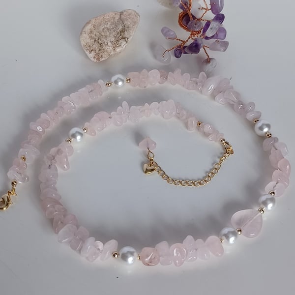 Rose Quartz & Pearl Choker, Dainty Natural Gemstone Necklace