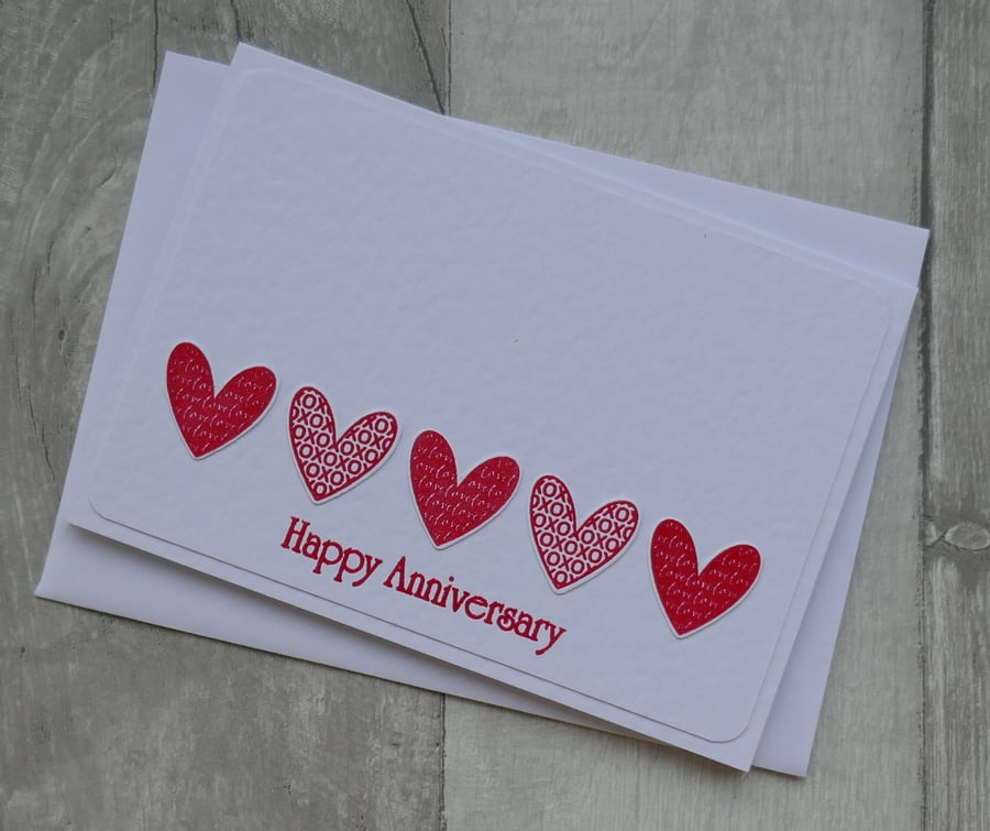 Happy Anniversary - Five Embossed Red Hearts