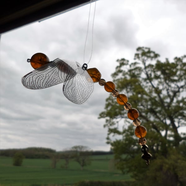 Amber Beaded Dragonfly Suncatcher Hanging Decoration