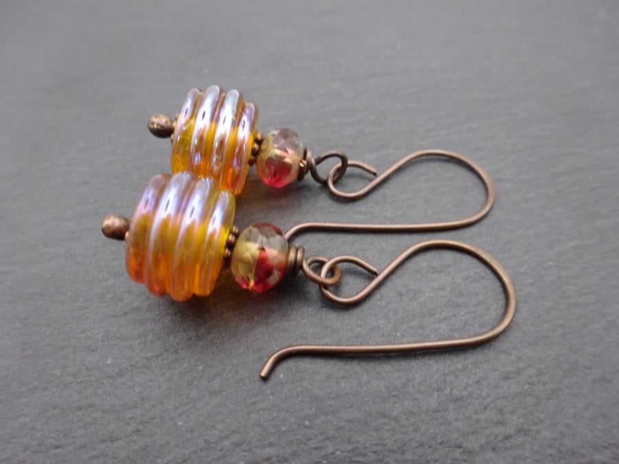 copper earrings, ribbed lampwork glass jewellery