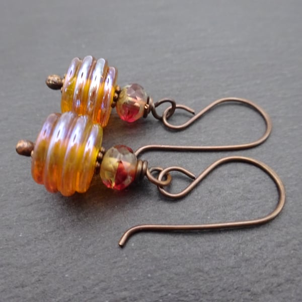 copper earrings, ribbed lampwork glass jewellery