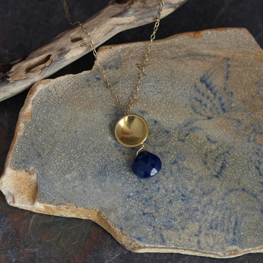 Lapis Lazuli Brass Dome Pendant Necklace with Gold fill Chain