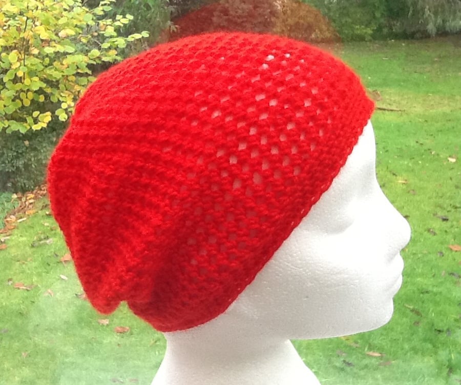 Festive Red!  Crocheted Beanie, Slouchy or Soft Beret.