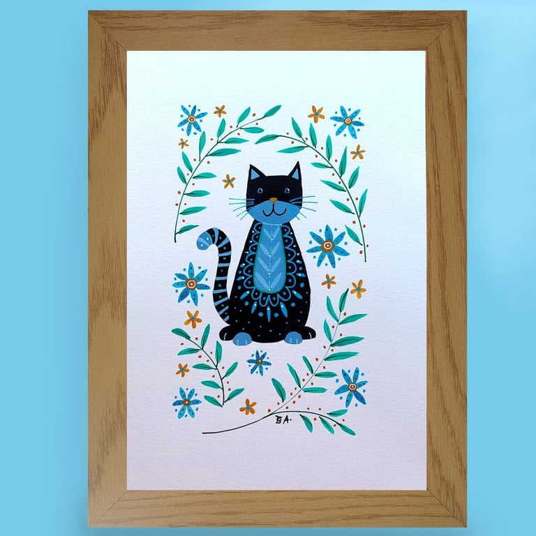 Black cat folk art painting, original framed cat painting, gift for cat lover