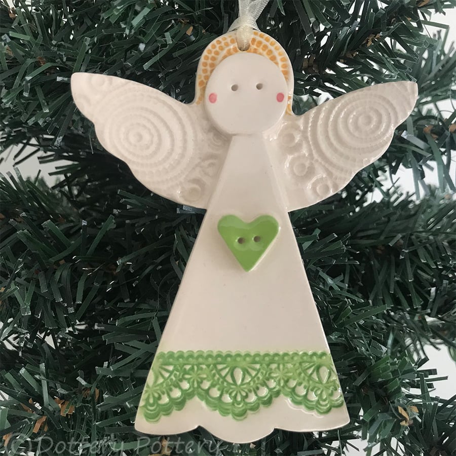 Ceramic Christmas Angel Pottery decoration green