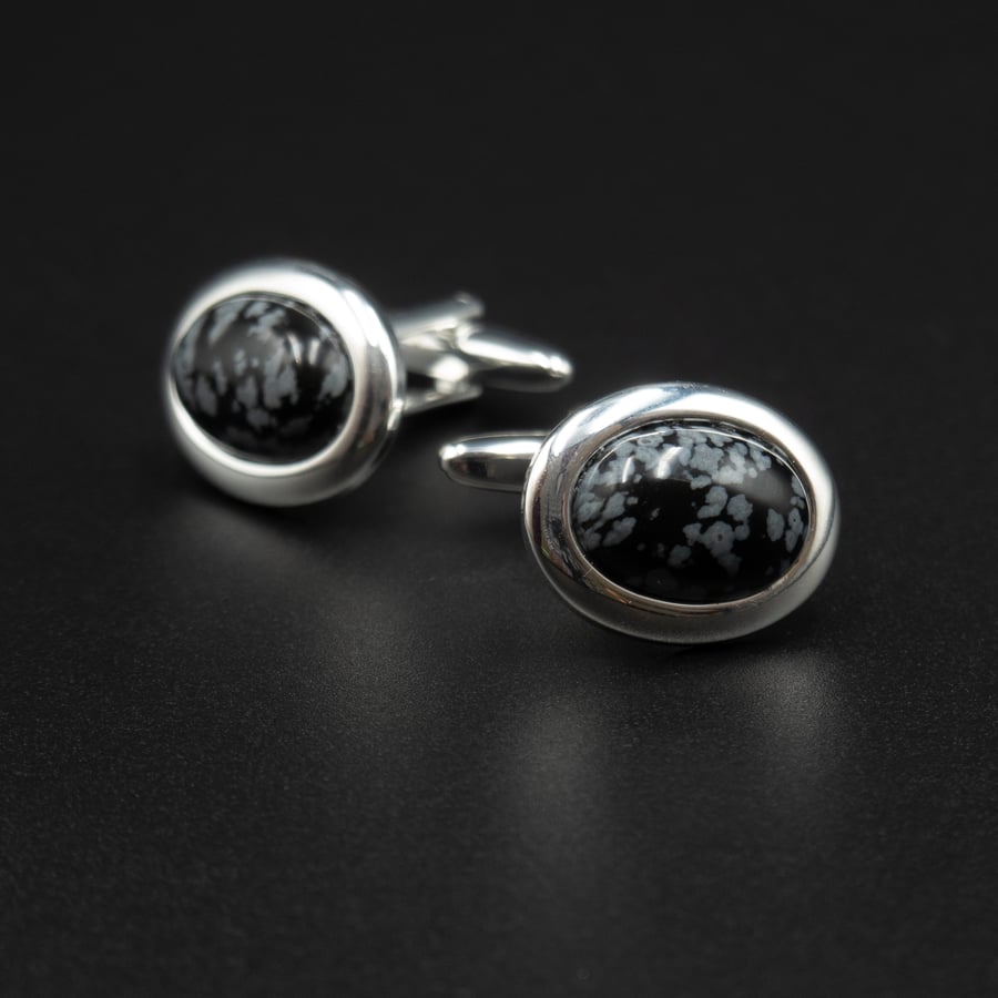 Snowflake obsidian and silver plated cufflinks, Capricorn gift