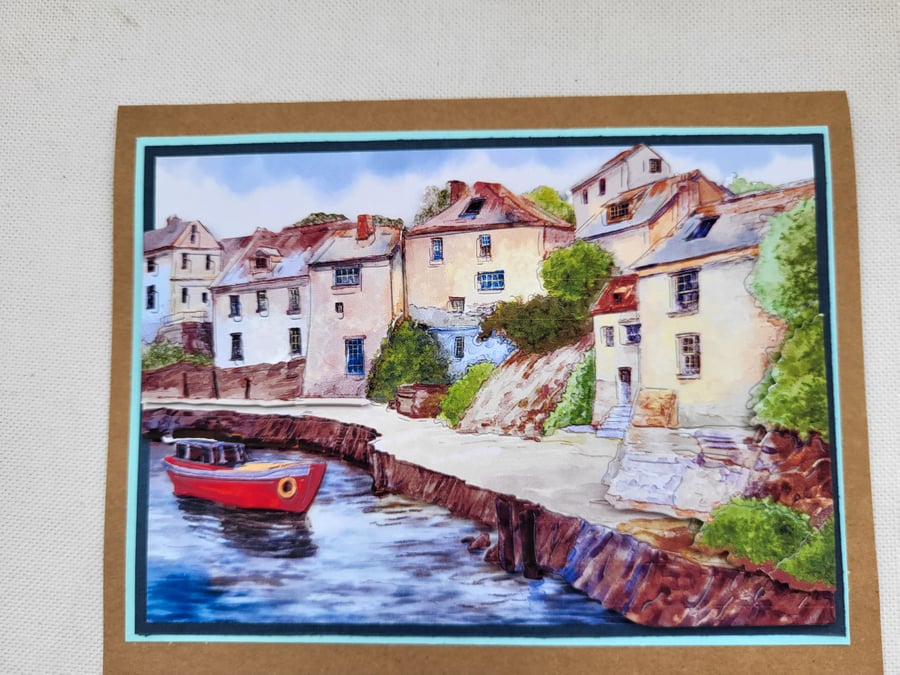 Handmade greeting card with a boat scene. 