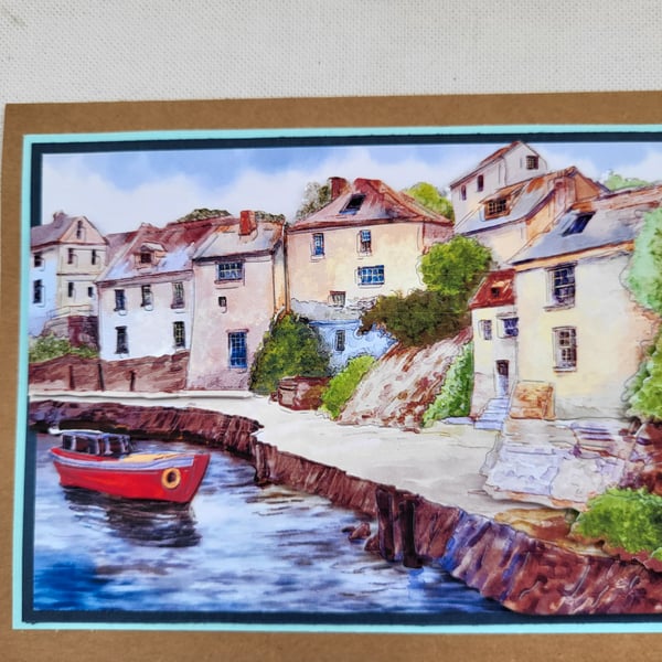 Handmade greeting card with a boat scene. 