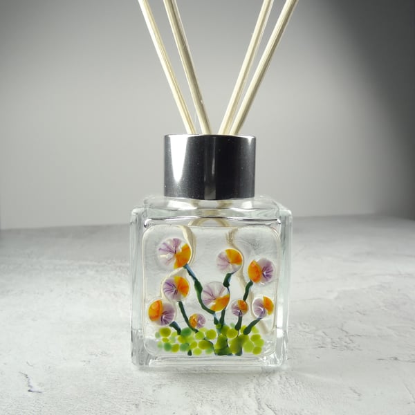 Handcrafted purple & orange flowers fused glass reed diffuser – with 4 reeds
