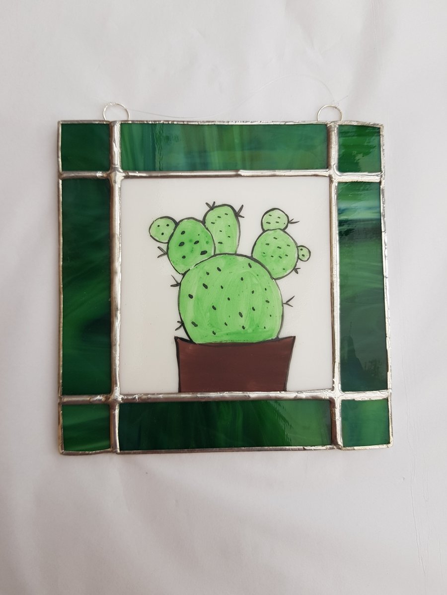 461 Stained Glass cactus painting - handmade hanging decoration.