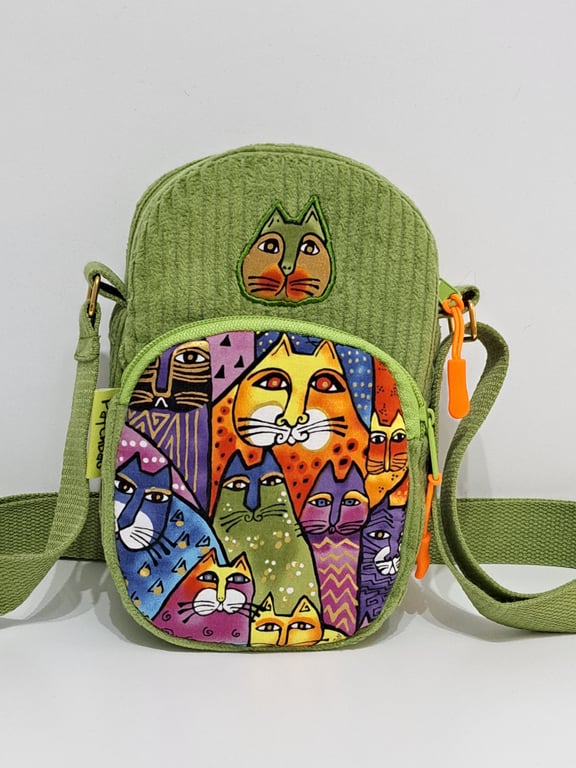 Green corduroy phone pouch with colorful cats 