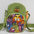 Green corduroy phone pouch with colorful cats 