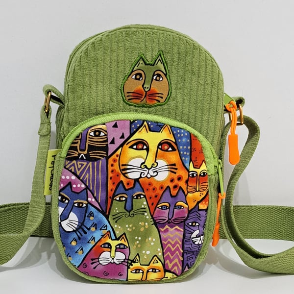 Green corduroy phone pouch with colorful cats 