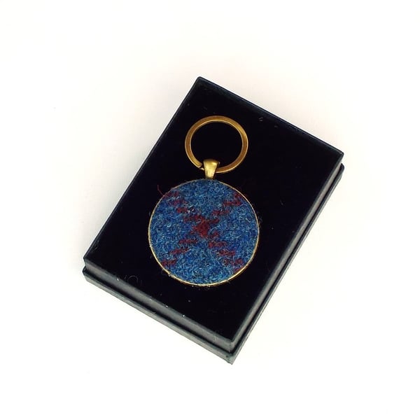 Harris tweed keyring round blue and red tartan key fob