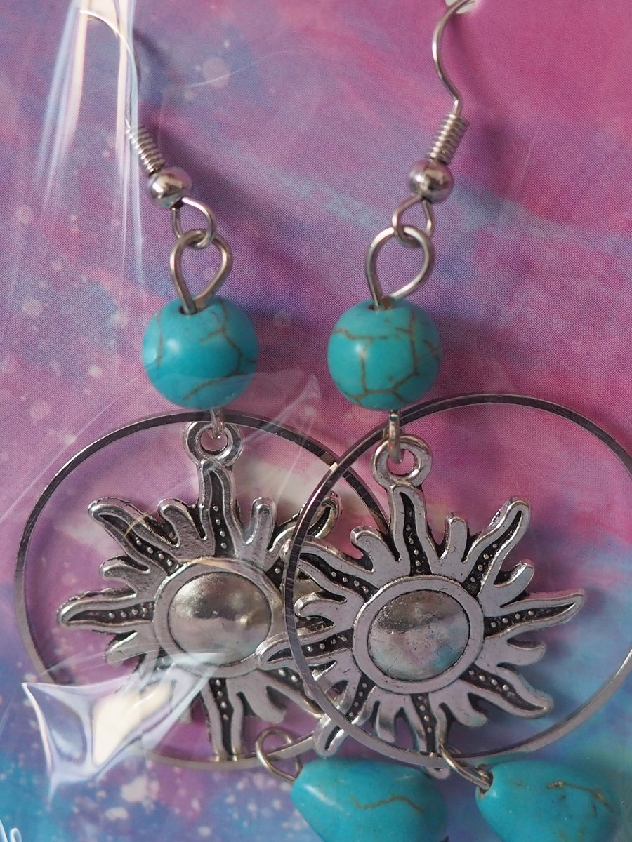 Turquoise Beaded Dangle Earrings with Sun Charms and Single Bead