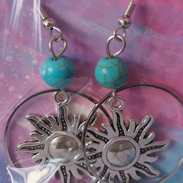 Turquoise Beaded Dangle Earrings with Sun Charms and Single Bead