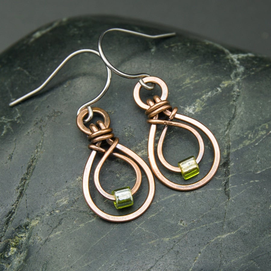 Hammered Copper Double Teardrop Earrings with Olive Green Glass Cube Beads