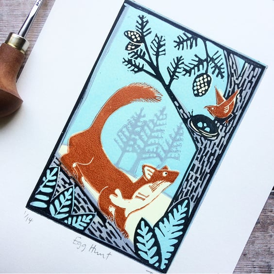 'Egg Hunt' original limited edition Lino print of Scottish pine marten