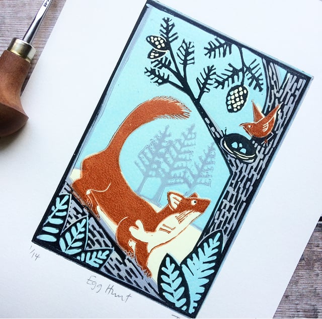 'Egg Hunt' original limited edition Lino print of Scottish pine marten